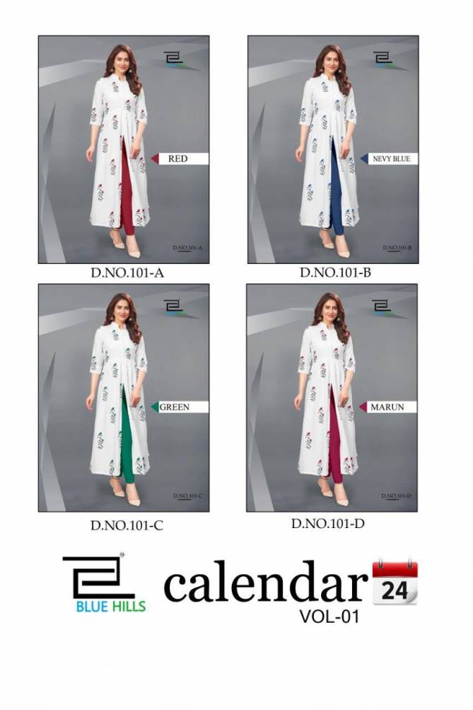 Blue Hills Calendar 1 Latest Fancy Party Wear Heavy Rayon Printed Designer Kurtis Collection